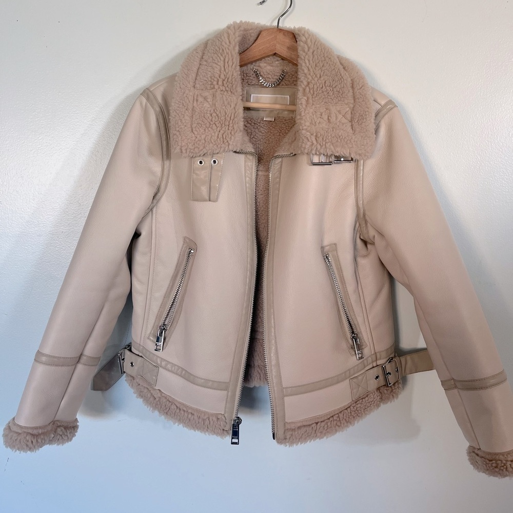 Michael Kors Moto Jacket Faux Leather and Fur Biker Coat beige size S